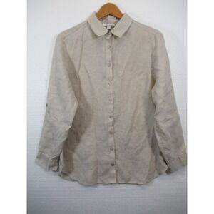 Chico's Linen Button Up Shirt Women Size 10 M Beige Roll Tab Sleeve Minimalist